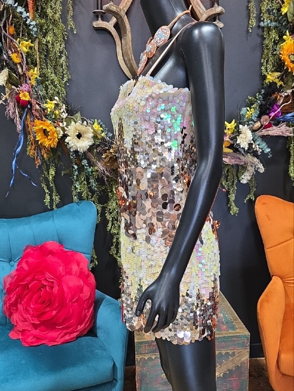 Luxxel Iridescent Sequin Mini Dress - Champagne, Rose, Gold - Picture 7 of 13